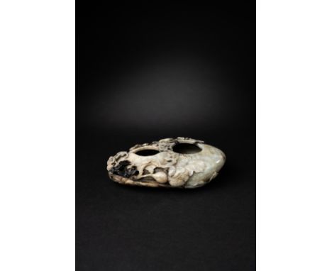 A CHINESE JADE DOUBLE GOURD-SHAPED BRUSH WASHER18TH CENTURYThe brush washer carved and pierced in deep relief to the exterior