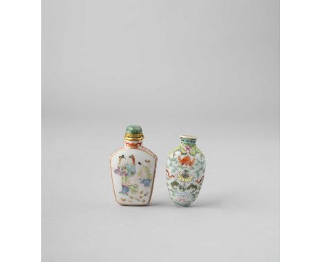 TWO CHINESE FAMILLE ROSE SNUFF BOTTLES18TH AND 19TH CENTURYOne of pebble form, decorated with formal trailing lotus intersper