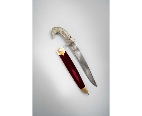 A MUGHAL GOLD AND GEM-SET JADE-HILTED HORSE-HEADED DAGGER, KHANJAR 17TH/18TH CENTURY  The jade hilt naturalistically and deli