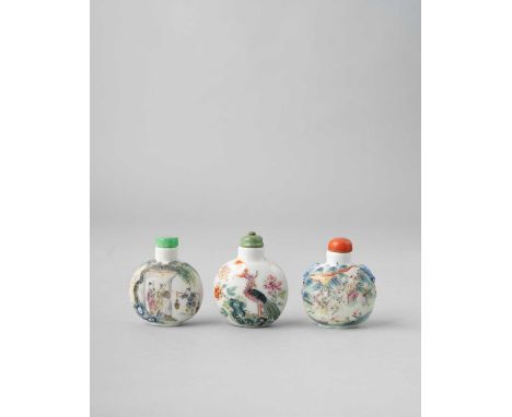 THREE CHINESE FAMILLE ROSE SNUFF BOTTLESALL WITH FOUR-CHARACTER DAOGUANG MARKS AND OF THE PERIOD 1821-50One painted with scen