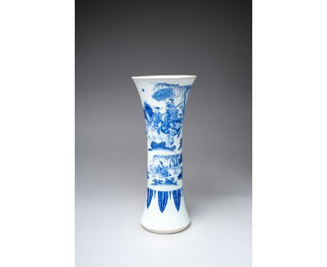 A GOOD CHINESE BLUE AND WHITE ‘BINGJI AND THE BUFFALO’ GU-SHAPED VASE TRANSITIONAL PERIOD C.1640  Decorated with two continuo