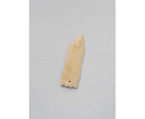 A SMALL CHINESE PALE YELLOW JADE HALBERD BLADE, GE SHANG/WESTERN ZHOU DYNASTY  The blade is thinly carved to each side with b