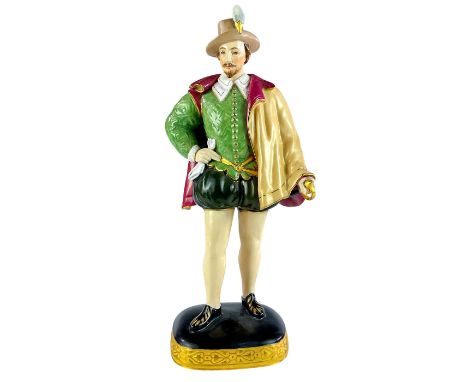 Full color bone china figurine modeled as man in Elizabethan dress. Gold gilt details.Royal Worcester backstamp. This item ha