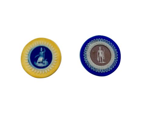 A cane-yellow, cobalt-blue, and white medallion, and cobalt-blue, light-brown, and white; depicting classical warriors.Classi