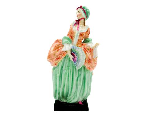 First style variation. Figure of a woman holding a fan. Seafoam green and peach coloration.Royal Doulton backstamp. Artist: L