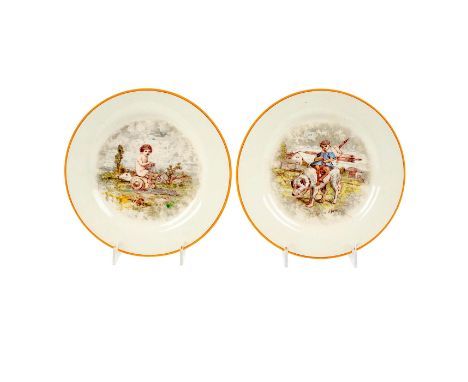 Whimsical plates with hand painted scenes. Titled No Hurry, Boy riding a snail in an open field with buildings in the backgro