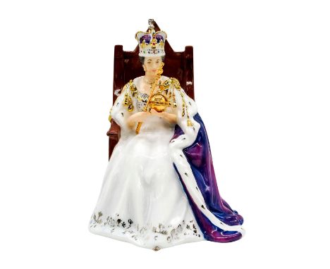 Bone china figure honoring Queen Elizabeth II coronation. White and royal purple with gilded gold and silver accents.Royal Do