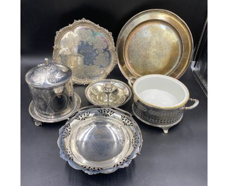 A quantity of silver plate to include a biscuit barrel marked H &amp; L, an Elkington &amp; Co candle holder with snuffer, tw