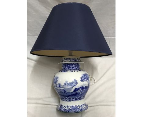 Spode Italian blue and white lamp base with blue shade, height to shade 56cms.Condition ReportGood condition, no noticeable i