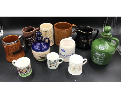 Selection of mugs, one with frog inner, small mugs with print design Wade Teachers whisky jug and 2 decanter jugs, Chequers W