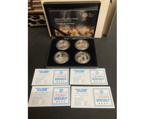 A Royal Mint cased set of four proof 5 Yuan silver coins depicting the Chinese Terracotta Army (1984)