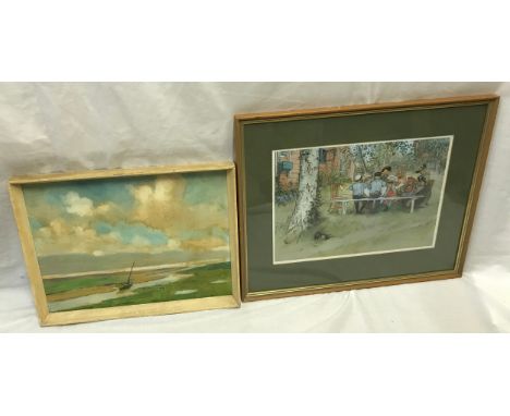 An oil on board of a sailing boat signed to back label E.Norman together with a print of a family dinner in the garden frame 
