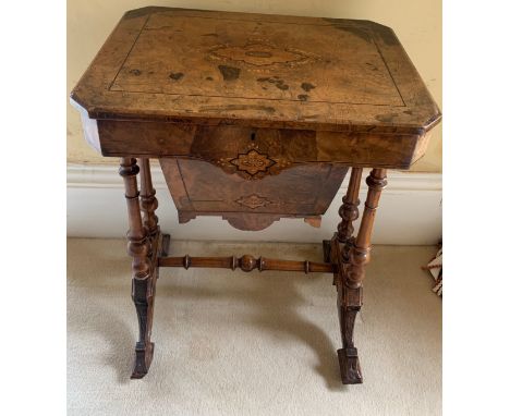 A 19thC ladies walnut work table. 55 x 42 x 72cms h.Condition ReportRoundel missing to side.