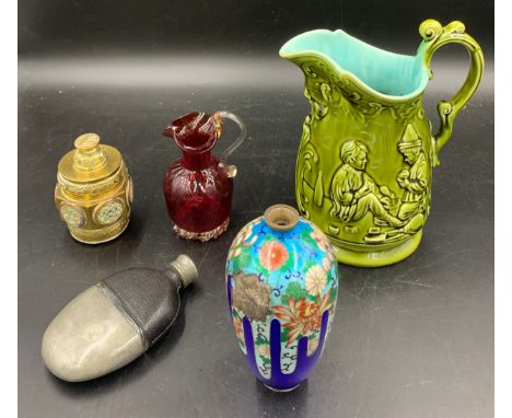 A miscellany to include metal and leather hip flask, red glass jug, Chinese lidded brass jar, cloisonné vase and a Villeroy a