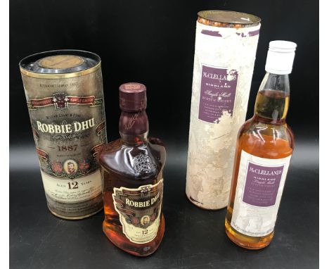 Robbie Dhu Deluxe Scotch Whisky ages 12 years, William Grant and Sons 75cl and McClellands Highland Single Malt Scotch Whisky