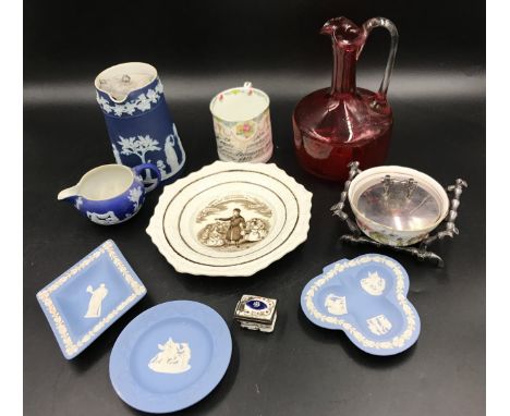 A selection of ceramics to include 5 various pieces of Wedgwood Jasperware, a 19thC plate with religious sentiment a/f, an ea