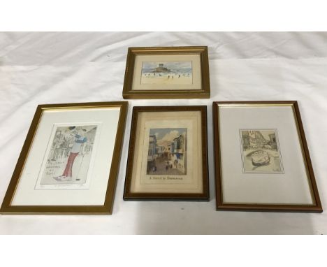 A collection of 4 pictures to include 3 x watercolours, 'A Street in Damascus', a scene of Venice indistinctly signed 1990, a