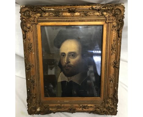 Gilt framed print of William Shakespeare, frame heavy embossed size 65.5cms h x 56.5cms w and print size 44cms h x 35cms w.Co