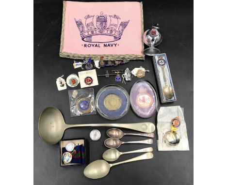 Merchant Navy and shipping line selection of enamel badges, cutlery, paperweights, condiments and cloth pouch.Condition Repor