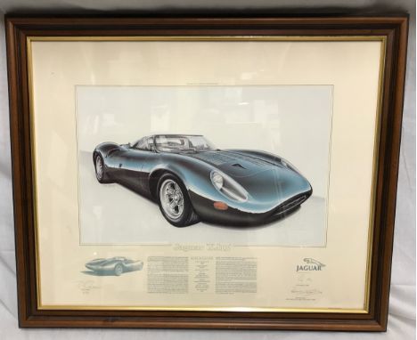A framed print of a Jaguar XJ13 signed Stirling Moss OBE, Norman Dewis, Jaguar test driver and artist, John Francis. Print si
