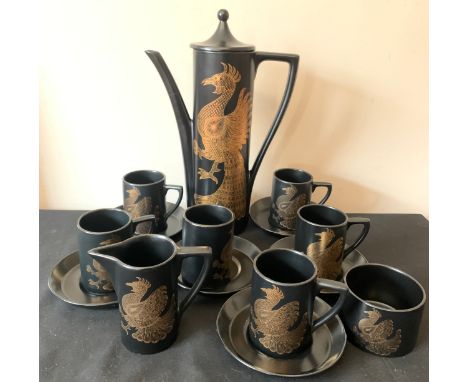 Portmerion Phoenix pattern coffee service, coffee pot, milk, sugar and 6 cups and saucers.Condition ReportCoffee pot spout re