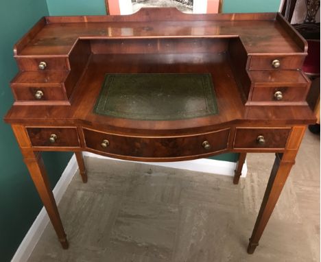 Reproduction walnut desk, shelf and drawers to top, green leather inlet, square taper legs, height to top 77 h, height to bac