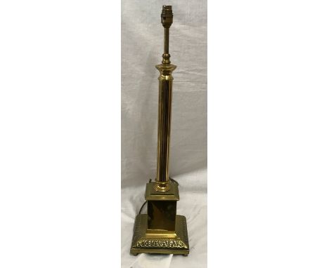 A tall brass table lamp with Corinthian column on a square base. Approx 70cms h to light fitting. Base 17cms w.Condition Repo