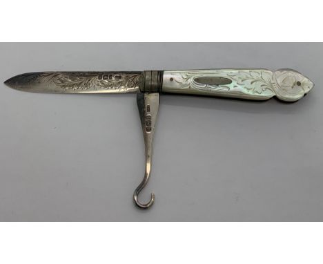 A mother of pearl and silver fruit knife/ button hook in suede pouch Sheffield 1900/1901 maker C.W. Fletcher &amp; Son Ltd.Co