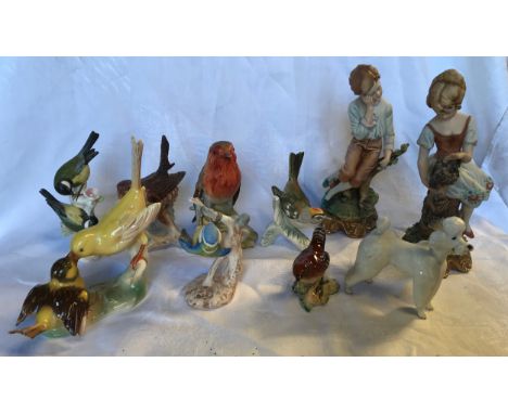 Collection of 6 Goebel bird figurines, one Beswick Wren, one Beswick Poodle and pair of Capodimonte figurines, boy and girl, 