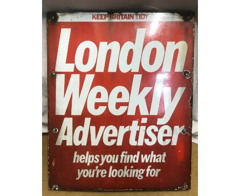 Advertising enamel sign of London Weekly Advertiser 63cms h x 52cms w.Condition ReportTwo wooden panels added to back and rus