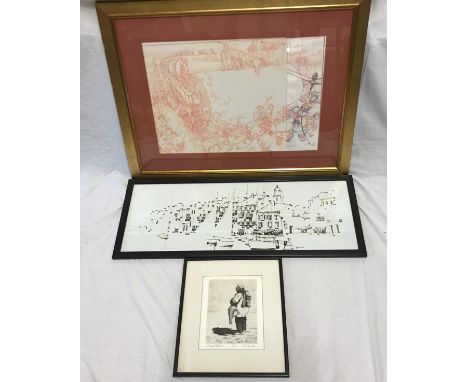 A collection of 3 pictures to include a large cartoon of a print factory, coloured pencil on paper 64cms h x 81.5cms w togeth