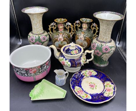 A selection of ceramics to include 19thC lustre plate and teapot, Carlton ware dish, chamber pot, pair of G. Bros vases, will