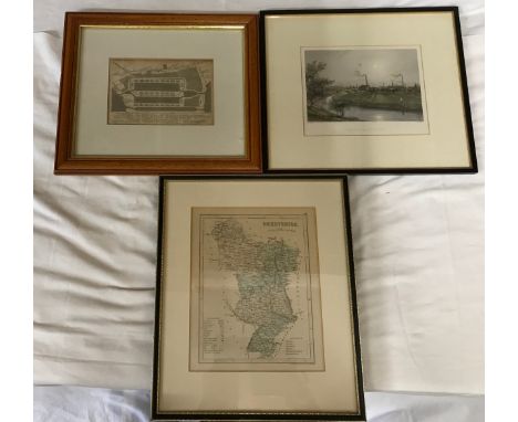 A selection of 3 pictures to include a map of Derbyshire, a etching of Huddersfield and the Plan of West India Docks. Largest