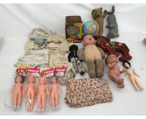 A selection of plastic and soft toys including Chad Valley tin globe, plush fur teddy 25cms, Rabbit, cloth donkey, plastic do