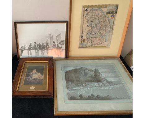 Various prints to include a Baxter print in rosewood frame, a map of Lincolnshire and a watercolour signed L.R.  H.A. Fortesc