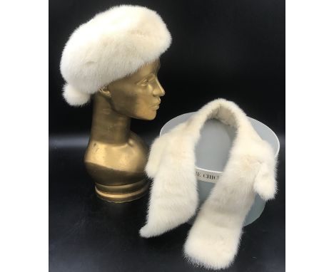 A mink beret style hat with silk tail and bobbles by Mitzi Lorenz of London with a matching mink collar with silk backing and