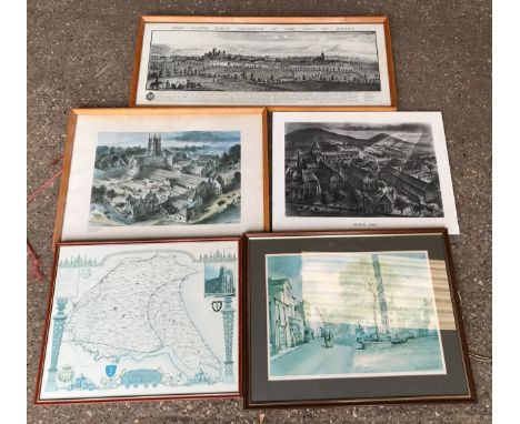 A selection of prints, 4 framed, one map of Yorkshire, East Riding, one Sam Chadwick signed print, Grassington, one Fountains
