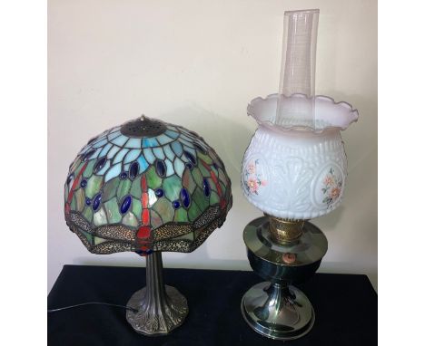 A modern oil lamp and a table lamp with Tiffany style dragonfly shade. Oil lamp 60cms h.Condition ReportAppear to be in good 