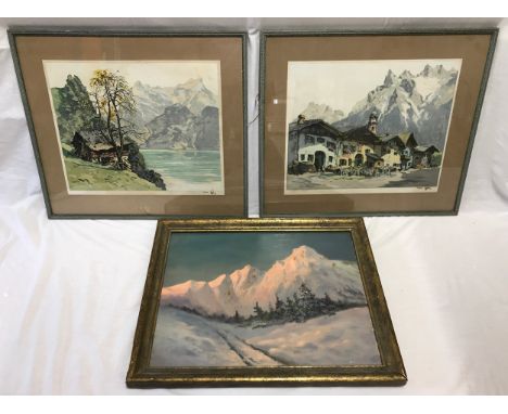 A collection of 3 pictures of snow capped mountain scenes, 2 are a pair of prints signed by the same artist indistinctly and 