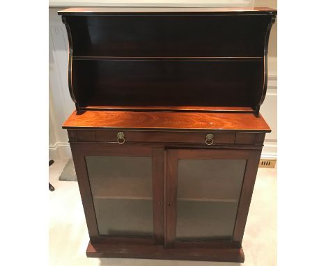 A 19thC mahogany and string inlaid mahogany chiffonier with secretive drawer to front and two glazed doors to base.  92 x 35 