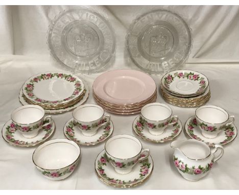 Ceramics and glass to include Colclough part tea service, 7 Royal Tuscan plates and 2 pressed glass Queen Victoria Golden Jub