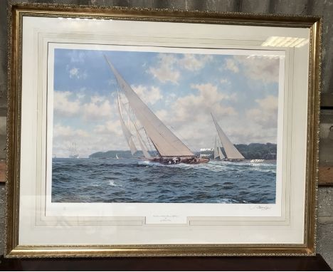 A J Steven Dews signed print, Ltd edition 144 of 950, Candida and Astra Racing off Cowes, frame size 83 h x 103cms w.Good con