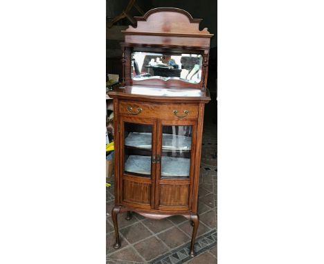 An Edwardian mahogany inlaid display cabinet, mirror top with shelf. Height to top 111cms, height to back 162cms, width 62cms