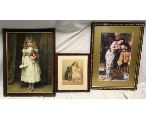 Three Victorian pears style prints. Girl with pink flowers 49 x 37cms, girl with dog and kittens 22 x 18cms and print of lady