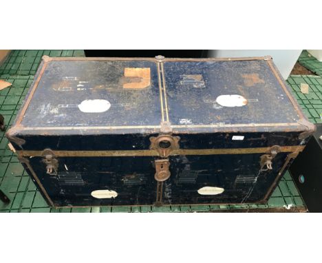 A large blue metal travel trunk. 92cm w x 43cms d x 46cms h.Condition ReportSome surface rust, missing handles. Scratches and