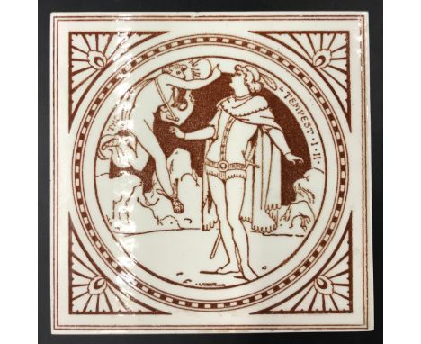 Six brown and white Minton tiles by John Moyr Smith in a Shakespeare theme. Tile measure 15.2cms l x 15.2cms w.Condition Repo