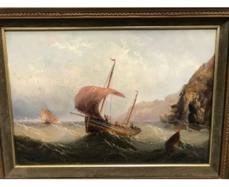 An oil painting on board of a coastal scene 'Fishing smacks in rough seas', signed H Redmore lower left. Painting size 23cms 