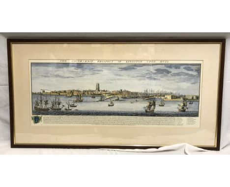 A framed coloured print of 'The South East Prospect of Kingston Upon Hull' 31cms h x 79cms w.Condition ReportGood condition, 