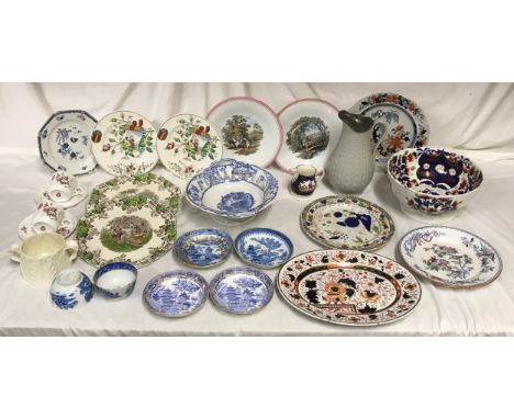A selection of Victorian pottery decorative plates including Minton, blue and white pottery Spode and others, Spode Byron ser