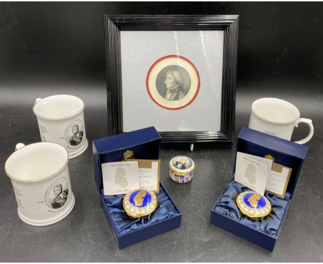 A Vice Admiral Horatio Nelson collection to include a framed etching 6cms diameter, frame 23cms x 23cms, two small Limited Ed